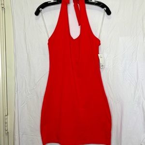 NWT: SO halter bodycon mini dress in lava. In size M.